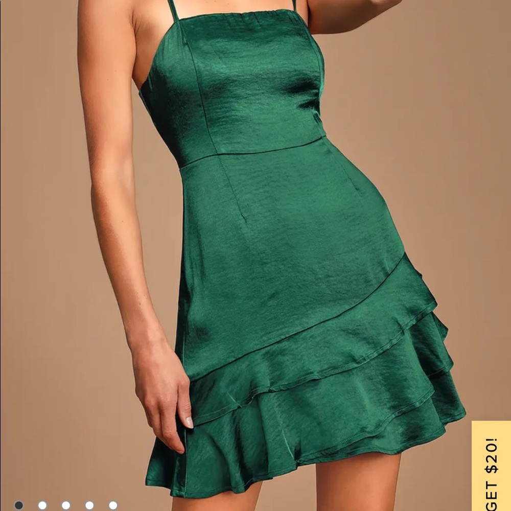 Lulu’s Dreams Come True Emerald Green Satin Ruffled Mini Dress